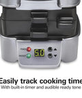 Hamilton Beach Sandwich Stacker Toaster Oven Grilling Machine For Homemade Hot Pizzas, Melts, Subs, And Quick Breakfast Or Dinner Favorites With Easy Nonstick Plates And Customizable Design showing timer controls and power indicators.