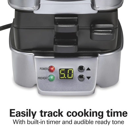 Hamilton Beach Sandwich Stacker Toaster Oven Grilling Machine For Homemade Hot Pizzas, Melts, Subs, And Quick Breakfast Or Dinner Favorites With Easy Nonstick Plates And Customizable Design showing timer controls and power indicators.