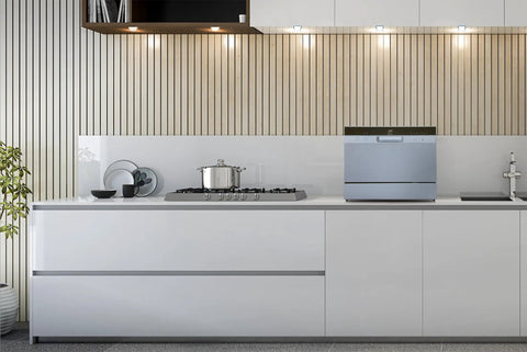 Sleek Compact Countertop Dishwasher With Delay Start And Seven Wash Cycles Portable Kitchen Essential Featuring Stainless Steel Interior in modern kitchen decor.