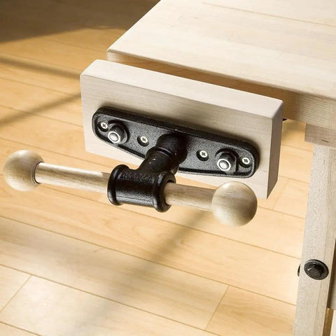 Quick Release Front Vise For Woodworking, 9 Inch Bench Vise with Dual Guide Rods shown mounted on wooden surface.
