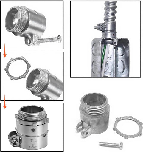 20 Pack Squeeze Connector Conduit Fittings Half Inch Flexible Metal Conduit Set shown with zinc alloy components and lock nut.
