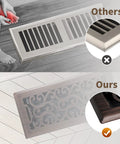 Comparison of floor vent covers, highlighting the Heavy Duty Floor Register Walkable Airflow Floor Vent Cover 4x12 inches Oil Rubbed Bronze Neoclassical Design with 300 Pound Load Capacity Edge Fold for Tight Fit Rust Resistant Steel Panel