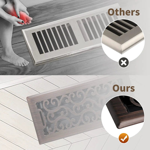 Comparison of floor vent covers, highlighting the Heavy Duty Floor Register Walkable Airflow Floor Vent Cover 4x12 inches Oil Rubbed Bronze Neoclassical Design with 300 Pound Load Capacity Edge Fold for Tight Fit Rust Resistant Steel Panel