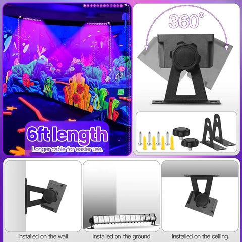 Four Pack 40W Blacklight Bar LED Flood Lights Waterproof IP66 with plug switch and 6ft cord showing installation options and glow party setup