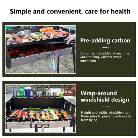 Foldable Charcoal Grill With Three Temperature Settings, Windproof Camping BBQ, loaded with food and drinks, showing use