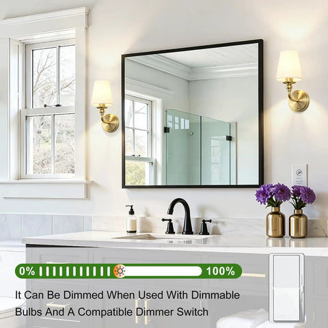 Onwecen Wall Sconces Set of 2, Modern Bathroom Light Fixtures, Brushed Gold, paired with a mirror in a stylish bathroom setting.