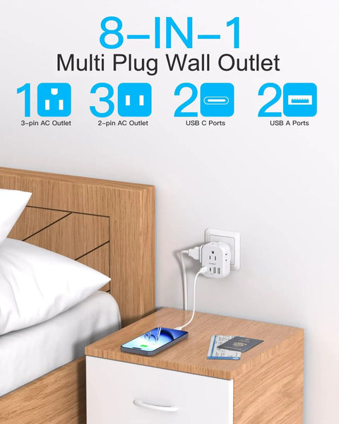 Compact Cube Power Strip With Three USB Ports And USB C Non Surge Protector Outlet Extender plugged into wall near bed