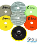 Pro Grade 4 Inch Diamond Polishing Pads Set For Wet Or Dry Use 7 Piece Kit showing color-coded pads for various grits