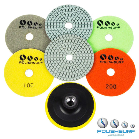 Pro Grade 4 Inch Diamond Polishing Pads Set For Wet Or Dry Use 7 Piece Kit showing color-coded pads for various grits