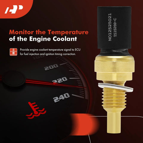 Two-pin engine coolant temperature sensor with brass threaded body and black plastic connector, side view