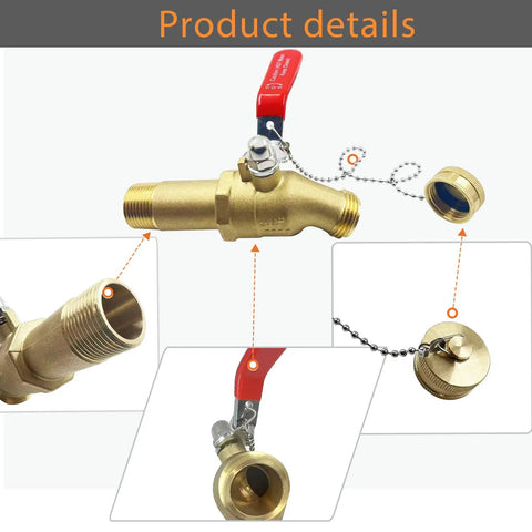 Fast Drain Water Heater Drain Valve Kit With Full Port 3/4 MIP To 3/4 GHT Connection, brass valve details, handle with chain and cap