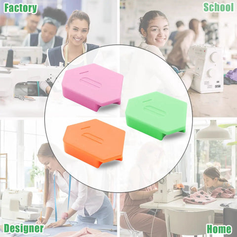 3PCS Magnetic Seam Guide For Sewing Machine shown in pink, green, and orange, used in factory, school, home, and designer settings.