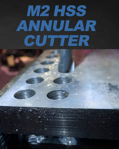Lichamp M2 HSS annular cutter set for magnetic drill; metal worktable with circular holes
