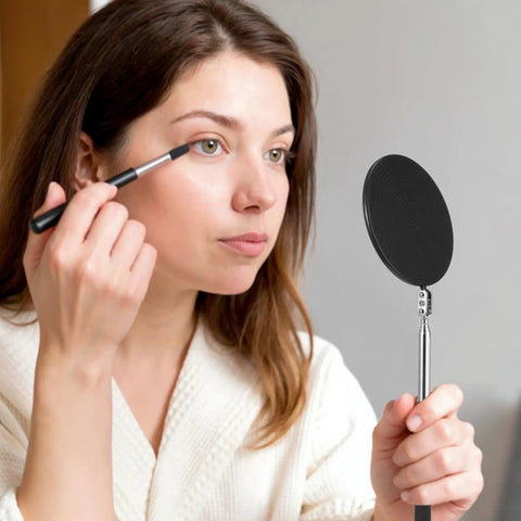 Woman using Telescoping Inspection Mirror With 360 Degree Rotation Flexible Retractable Handle Extends From 7 To 35 Inches 4 Inch Circular Mirror