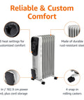 Front view of Amazon Basics portable oil-filled radiator heater, white, 1500W, 7 fins, wheels, thermostat dial