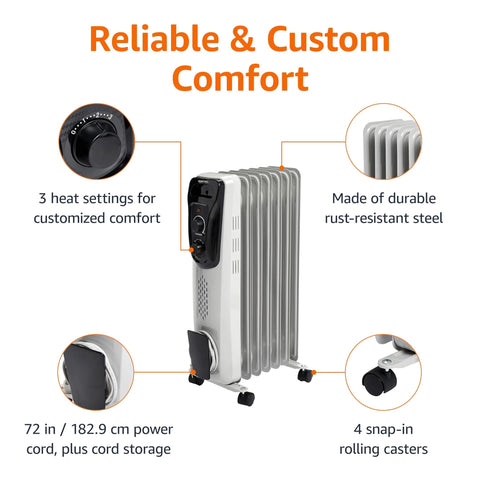 Front view of Amazon Basics portable oil-filled radiator heater, white, 1500W, 7 fins, wheels, thermostat dial