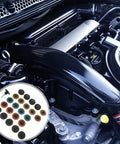 Close-up of car engine with 35 Piece Sanding Disc Polishing Kit With Handle Aluminum Oxide Abrasive Wheels in inset.