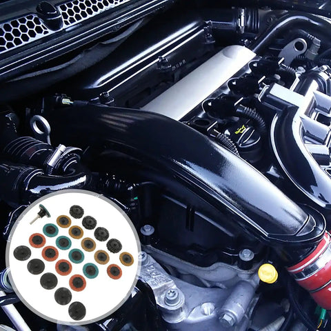 Close-up of car engine with 35 Piece Sanding Disc Polishing Kit With Handle Aluminum Oxide Abrasive Wheels in inset.