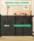 Retractable Baby Gate For Stairs And Doorways, 33 Inch Tall, Extends Up To 55 Inches Wide, black mesh gate in room setting