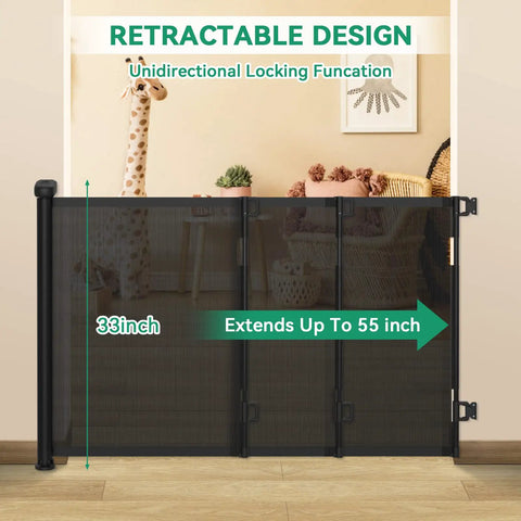 Retractable Baby Gate For Stairs And Doorways, 33 Inch Tall, Extends Up To 55 Inches Wide, black mesh gate in room setting