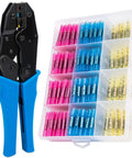 Crimp tool with blue handles beside a 200-piece box of insulated butt connectors in pink, blue, and yellow