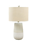 Contemporary Ceramic Table Lamp With Textured Neutral Glaze In Beige And White, 27 Inch Tall, Fabric Drum Shade, A Cozy Vibe