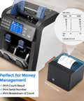 Mixed Denomination Money Counter With Two Pocket Design, Reject Pocket And Value Counting, with print capabilities shown