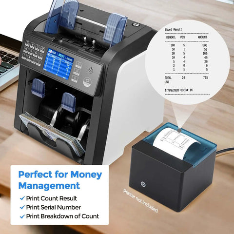 Mixed Denomination Money Counter With Two Pocket Design, Reject Pocket And Value Counting, with print capabilities shown