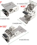 Tough As Nails Foldable Support Brackets With Self Lock Hinges For Table Legs and Workbenches showing 0 90 180 degree angles and dimensions.