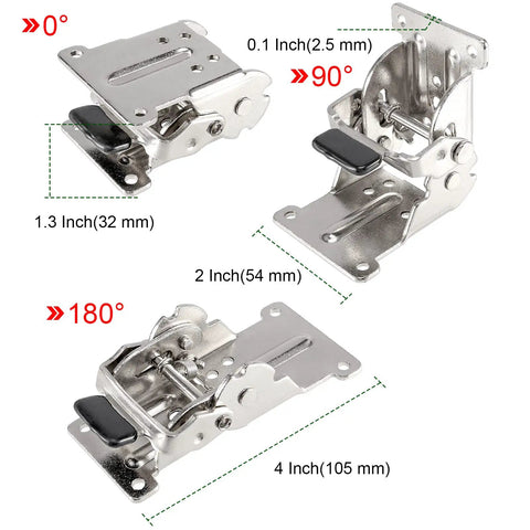 Tough As Nails Foldable Support Brackets With Self Lock Hinges For Table Legs and Workbenches showing 0 90 180 degree angles and dimensions.