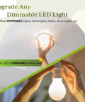 Upgrade Any Dimmable LED Light shown with hands installing dimmable bulbs and downlights for versatility.