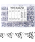 All-In-One 700-Piece 304 Stainless Steel Screws Bolts Nuts And Flat Washers Assortment Kit With Storage Box Includes 4-40, 6-32, 8-32, 10-24 Phillips Pan Head Screws For DIYers displayed with a storage box and screwdriver.