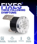 High Limit Thermostat Replacement For Dishwashers No Fuss Easy Install With Reliable Temperature Control Fits Whirlpool Kenmore KitchenAid Amana Maytag Replaces WP661566 3371618 W10339474 AP6010246 PS11743423, showing product design and features with text detailing symptoms fixed.