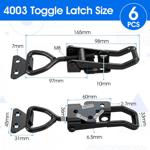 Six Pack Heavy Duty Toggle Latch Set 4003 Style With Lock Adjustable Up To 1320 Lbs dimensions shown on diagram