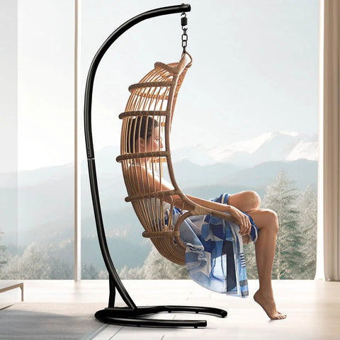 Heavy Duty Hammock Chair Stand Only 360 Degree Rotation C Frame Indoor Outdoor Sturdy Steel Tubing Supports Up To 300 Pounds Perfect For Egg Chair Porch Swing Black with egg chair