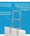 Tri Grip Bathtub Rail With Chrome Finish, Easy Install Tub Grab Bar For Seniors And Handicap, dual texture grips on tub