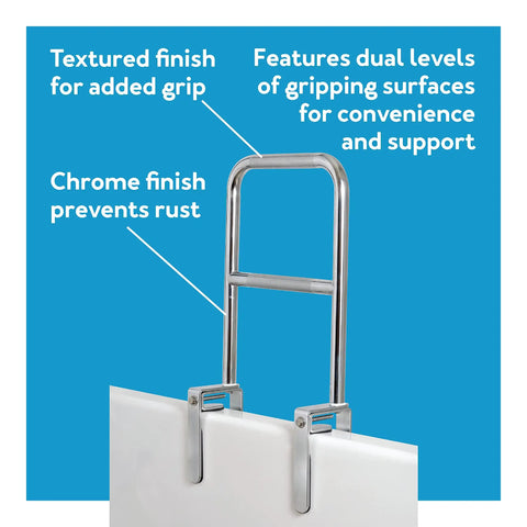 Tri Grip Bathtub Rail With Chrome Finish, Easy Install Tub Grab Bar For Seniors And Handicap, dual texture grips on tub