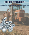 SAE And Metric All-In-One Grease Fitting Kit With 3 Angles For Tight Spaces, shiny fittings in field with tractor background