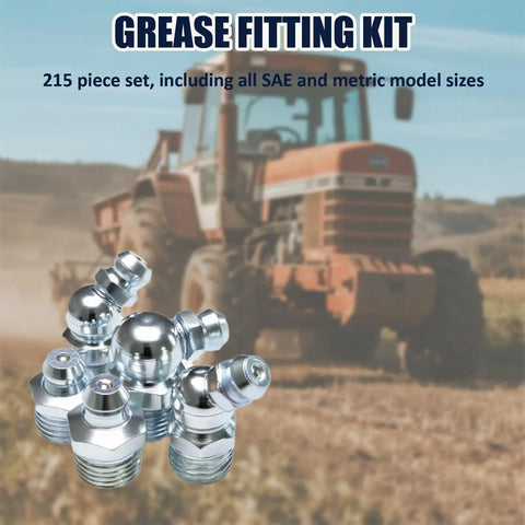 SAE And Metric All-In-One Grease Fitting Kit With 3 Angles For Tight Spaces, shiny fittings in field with tractor background