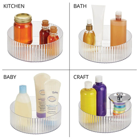 Two Pack Fluted Lazy Susan Plastic Spinner Turntable For Kitchen Counter Organizing Rotating Organizer Swivel Tray For Spices And Accessories 9 Inch Round Clear Sturdy Build in four uses for kitchen, bath, baby, and crafts.