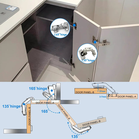 Top Shelf Soft Close Cabinet Hinges Include 165 And 135 Degree Options with 35mm and 37mm configurations for frameless doors.