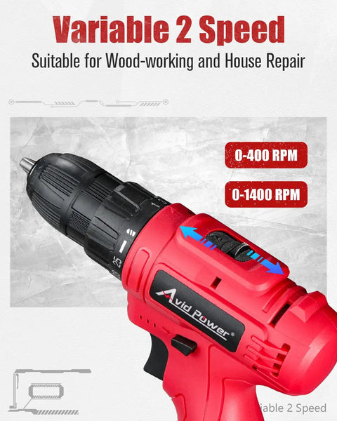 12V Cordless Drill Kit With 3/8 Inch Keyless Chuck, 1400 RPM High Speed, showcasing variable 2-speed settings.