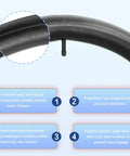 Close-up view of heavy-duty 20 inch bike tube with valve, showing durability features and text. Two Pack 20 Inch Bike Tubes Heavy Duty Inner Tubes For 20 By 1.95 2.10 2.125 2.40 Tires Fits Mountain Road And Kids Bikes Off Road Ready Durable For All Weather Performance And Easy Install For Busy Riders.
