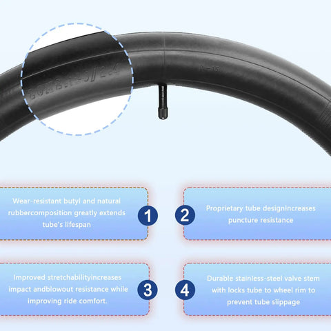 Close-up view of heavy-duty 20 inch bike tube with valve, showing durability features and text. Two Pack 20 Inch Bike Tubes Heavy Duty Inner Tubes For 20 By 1.95 2.10 2.125 2.40 Tires Fits Mountain Road And Kids Bikes Off Road Ready Durable For All Weather Performance And Easy Install For Busy Riders.
