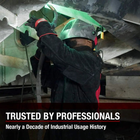 Worker wearing Beefed Up Heavy Duty Leather Welding Jacket For High Amperage And Out Of Position Work With Full Leather Front And Sides