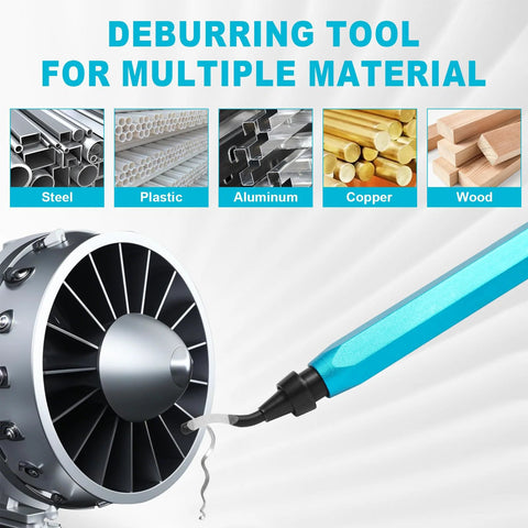 Aleric deburring tool set with 11pc HSS swivel blades for metal, resin, PVC, aluminum, plastic; blue rotary tool