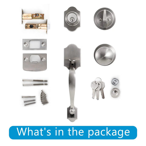 Front Door Handle Set With Deadbolt Lock, Single Cylinder Entry Lockset, Curved Or Straight Handle Options, Lower Half Grip Round Knob, Silver Finish, Great For Home Or Business Doors, Adjustable Two And Three Eighths Inch Latch