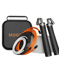 Interchangeable Weighted Jump Rope for HIIT and MMA Training with Carbon Fiber Handle, three ropes, and travel pouch.