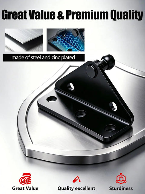 10mm Ball Stud Mounting Bracket For Gas Struts Lift Supports Used On Windows Trunks Cabinets Campers Trailers Tool Boxes And More, L Type Bracket Kit With Four Mounts And Twenty Screws Fits 10mm Ball Head Heavy Duty Silver black steel L-type gas strut mounting bracket with ball stud