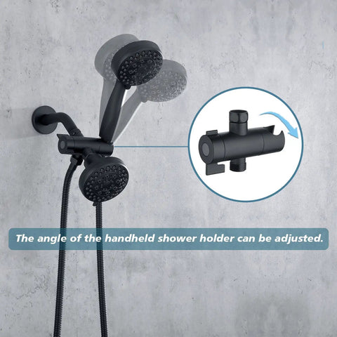 Image of 2 In 1 Matte Black Shower System With Handheld And Dual Rain Showerheads, adjustable angle and valve included.